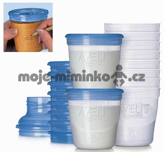 Avent VIA zásobníky na mateřské mléko, 10 kusů + 2 VIA adaptéry