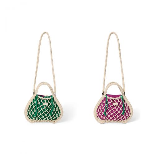 Studio Noos Macrame Mini Hand Bag Síťka Natural & Vnitřní taška Purple Green