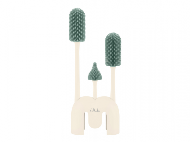 KikkaBoo Kartáče na láhve 3 ks se stojanem Platinum Silicone Sage