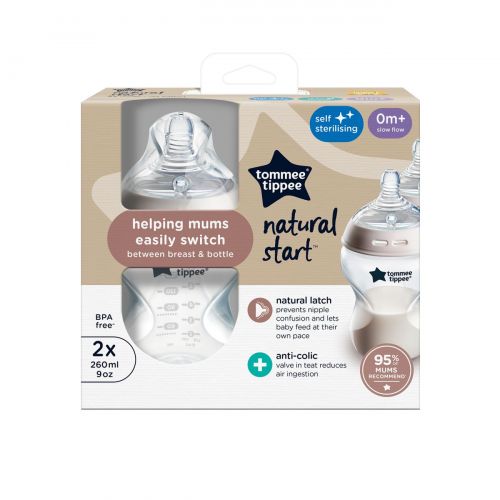 Tommee Tippee Natural Start Kojenecká láhev Samosterilizační s Anti-colic savičkou Pomalý průtok 260 ml 0m+, 2 ks