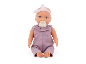 LullaBaby Panenka 35 cm v overalu s čelenkou Lila