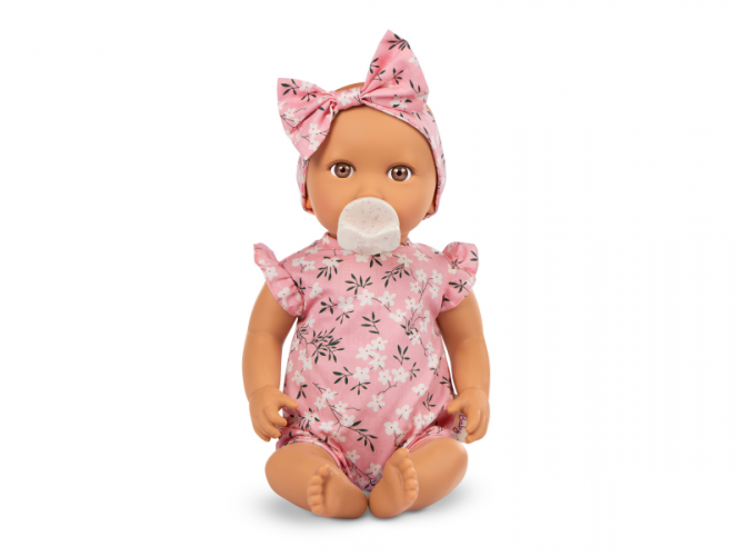 LullaBaby Panenka 35 cm v overalu s čelenkou Floral Pink