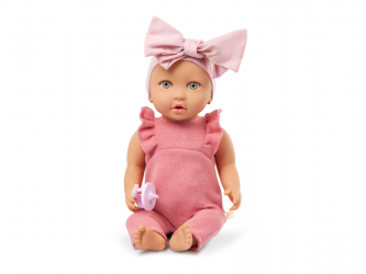 LullaBaby Panenka 35 cm v overalu s čelenkou Pink