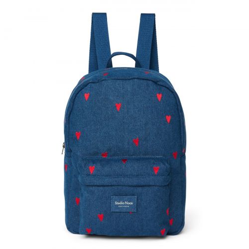 Studio Noos Denim Midi Backpack Batůžek s přední kapsou Dark Blue Red Hearts