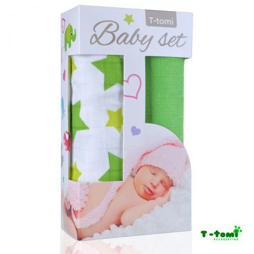 Baby set - bambusová osuška zelené hvězdičky + bambusová osuška zelená