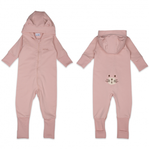 Moniel Dětský rostoucí teplákový overal Kočka Basic Powder Pink vel. 74 6-9 měsíců