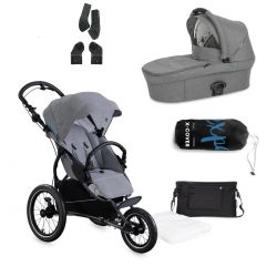 Kočárek X-lander SET 2v1 X-RUN Azure Grey + taška X-bag Lite black + 2x adaptéry + pláštěnka