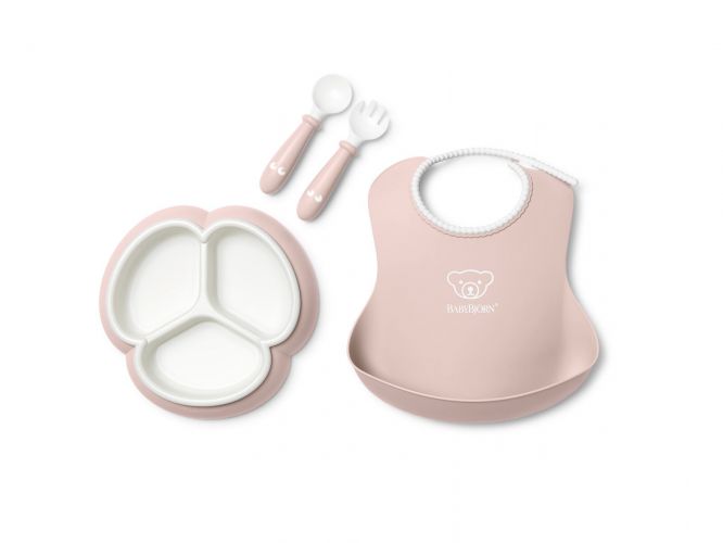BabyBjörn 4 dílný jídelní set s děleným talířkem pudrově růžový
