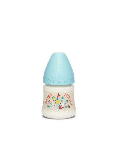 Suavinex Láhev Kulatá savička silikon 150 ml modrý páv