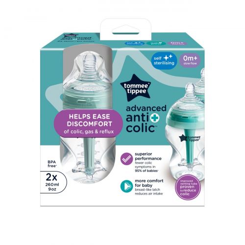 Tommee Tippee Advancet Kojenecká láhev Samosterilizační s Anti-colic savičkou Pomalý průtok 260 ml 0m+, 2 ks