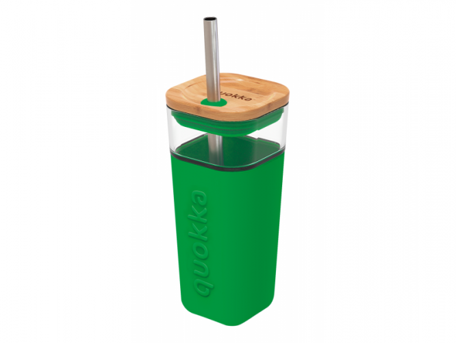 Quokka Skleněný cestovní hrnek s brčkem Liquid Cube Green 540 ml